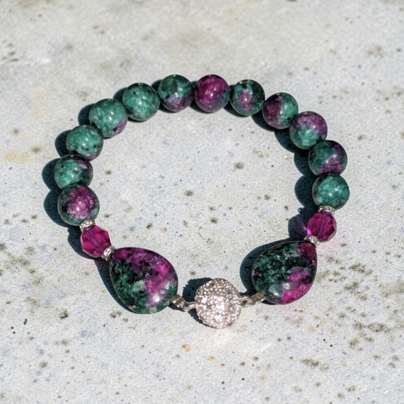 Hand Crafted Jewelry - Hand Crafted Green & Pink Ruby Zoisite Beaded Bracelet with Crystal Clasp